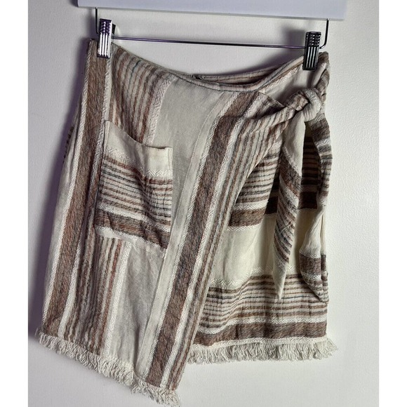Anthropologie HOLDING HORSES Avery Faux Wrap Skirt Fringe Tie Side Beige Sz 0 - Picture 2 of 8